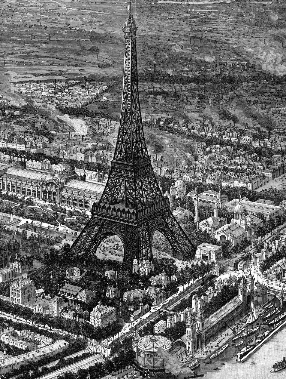 Eiffeltårnet i fugleperspektiv på tidspunktet for åbningen af Paris-udstillingen i 1889 af Unbekannt