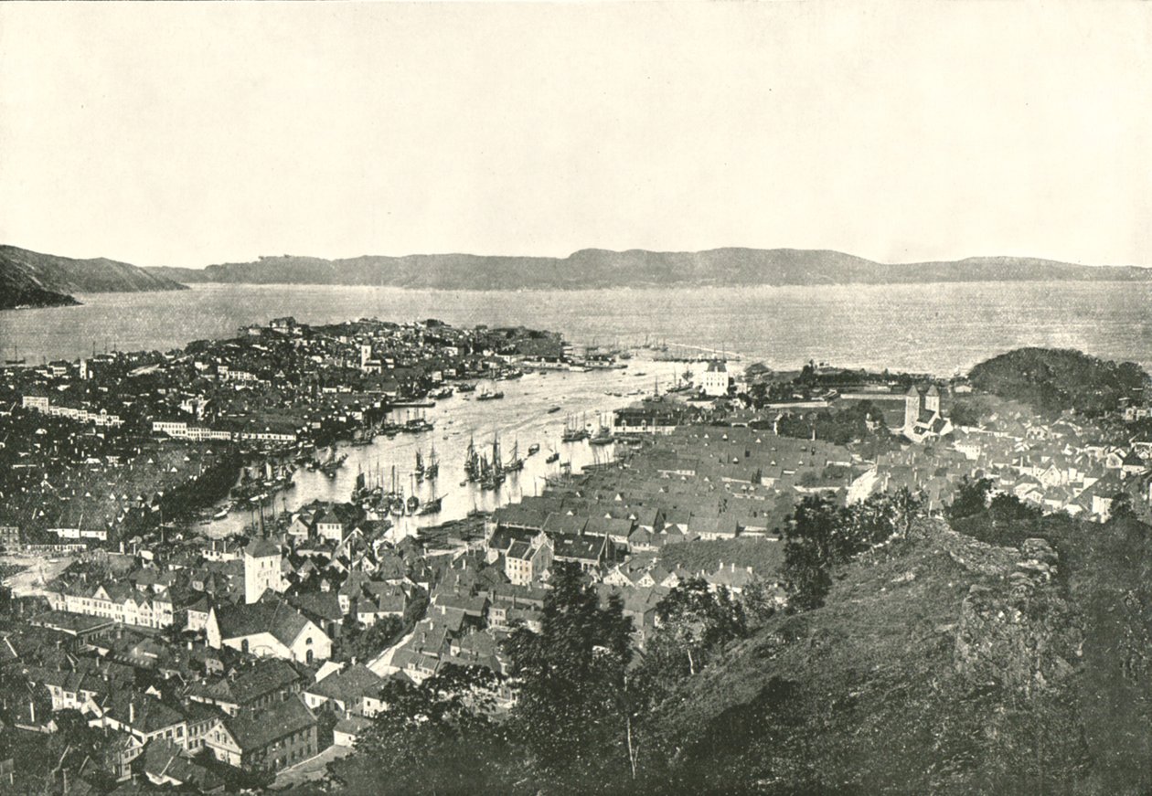 Fugleperspektiv af havnen, Bergen, Norge, 1895. af Unbekannt