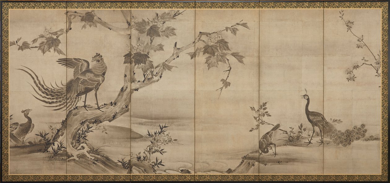 Fugle, blomster og træer: på bagsiden, bambustræer, Momoyama-perioden, 1568-1615. af Unbekannt