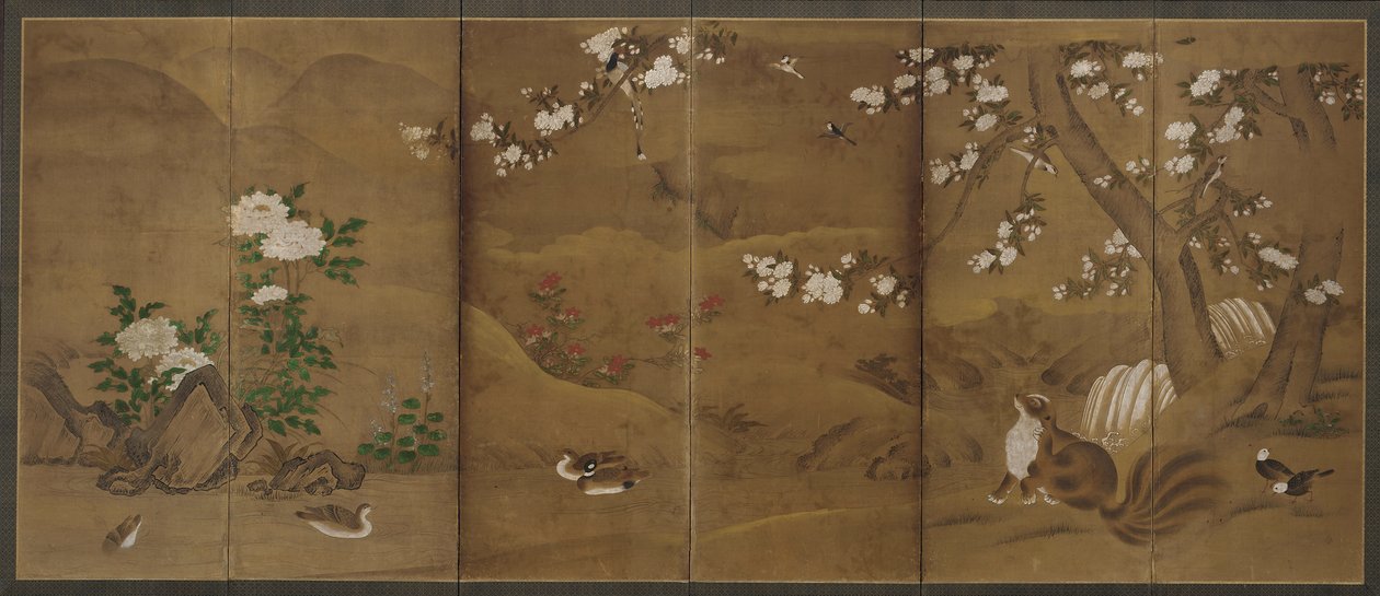 Fugle, årstidernes blomster og civetkatte, Muromachi- eller Momoyama-perioden, 1500-tallet. af Unbekannt