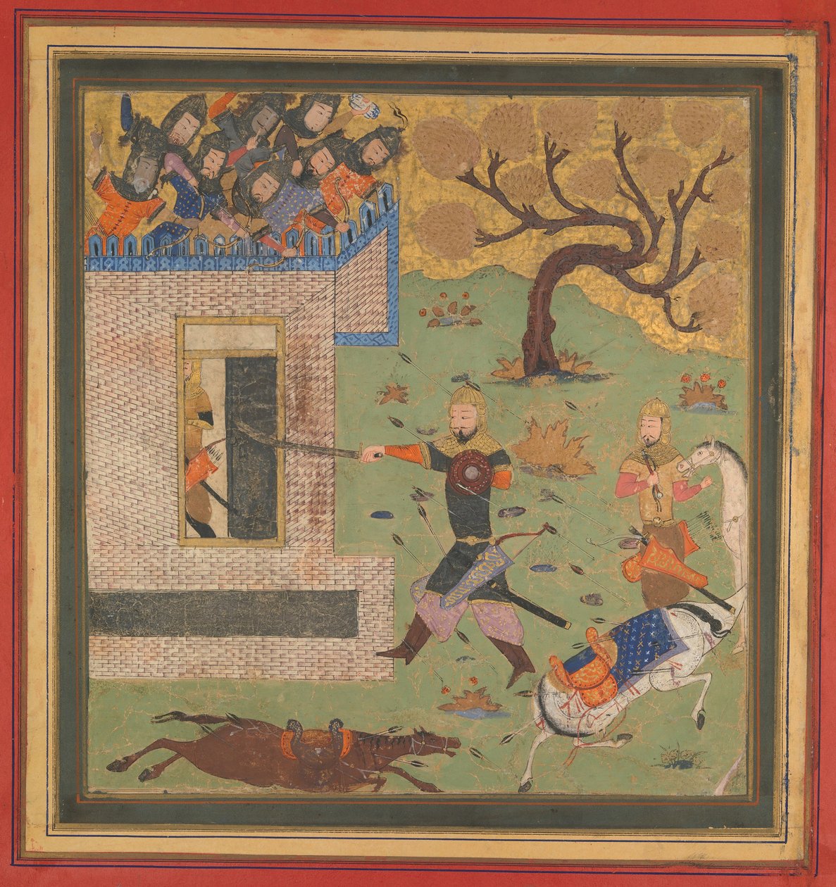 Bizhan tvinger Farud til at trække sig tilbage i sit fort, Folio fra en Shahnama Kongebog, c1430-40. af Unbekannt