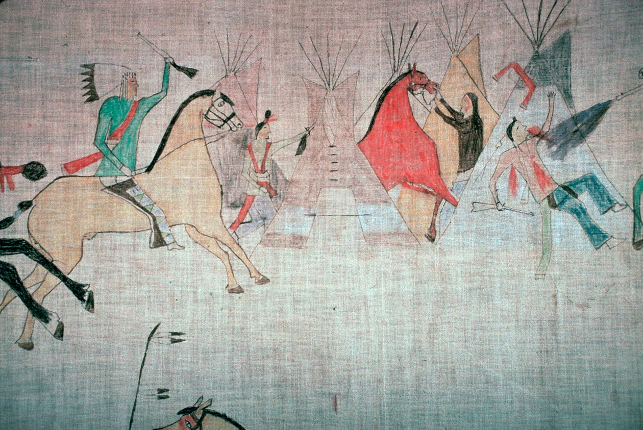 Blackfoot indiansk tipiforing, der viser et angreb på en lejr af Unbekannt