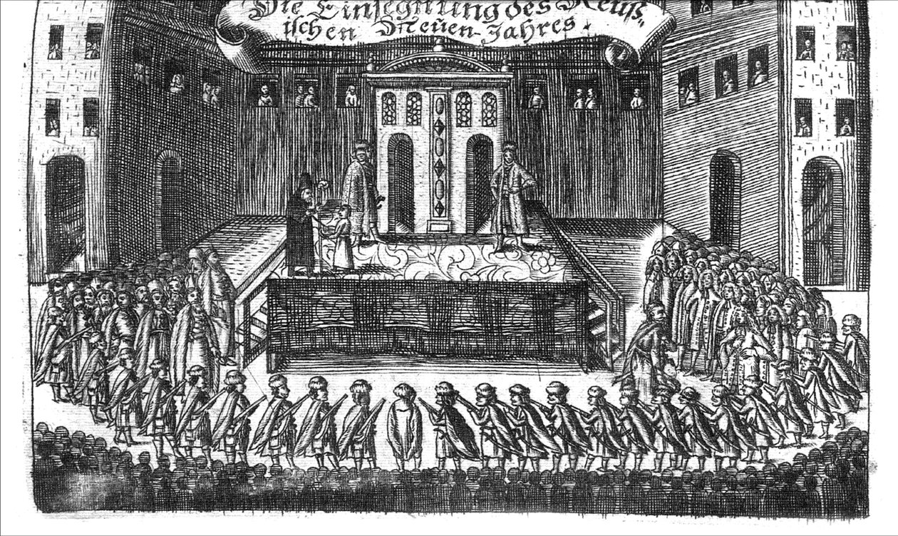 Velsignelse af det russiske nytår fra Georg Adam Schleissing Derer beiyden Czaaren i Reussland Ivan og Peter Alexewiz, 1693 af Unbekannt