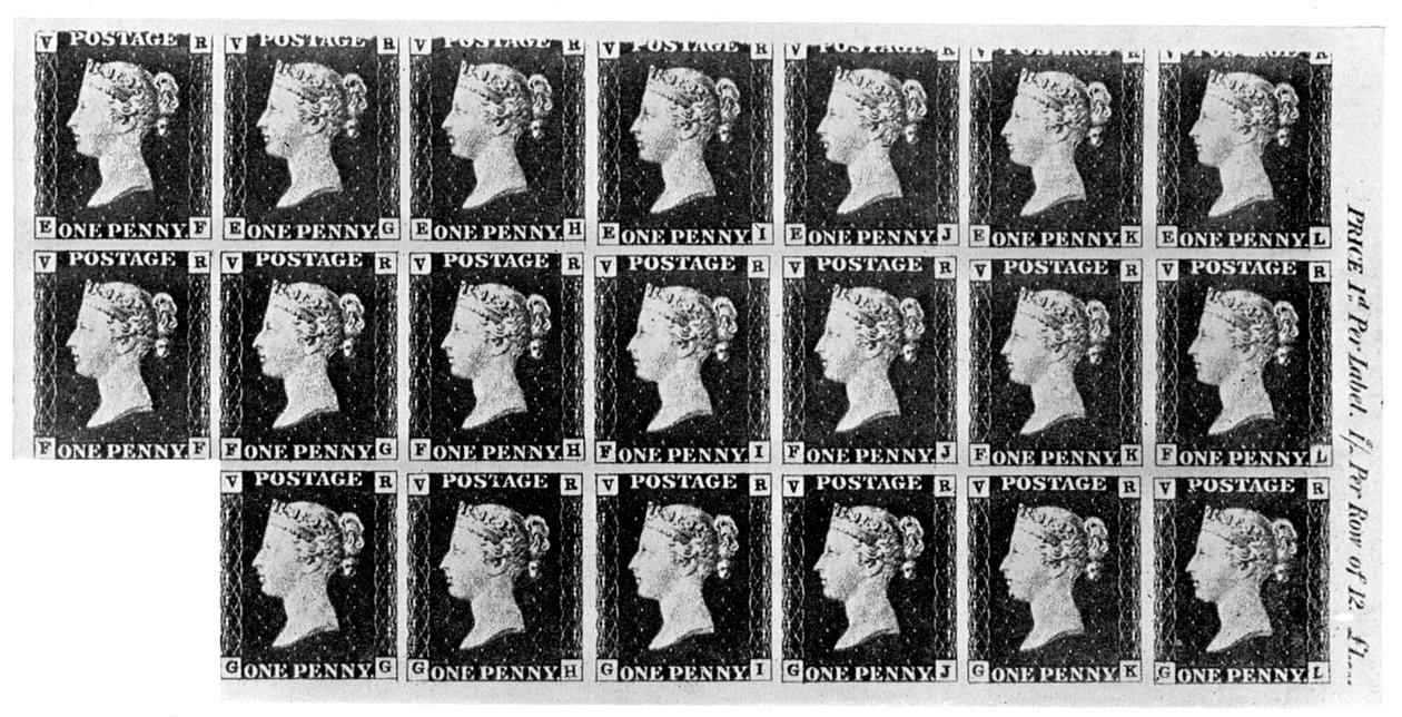 Blok med tyve Penny Black frimærker, 1840, 1910 af Unbekannt
