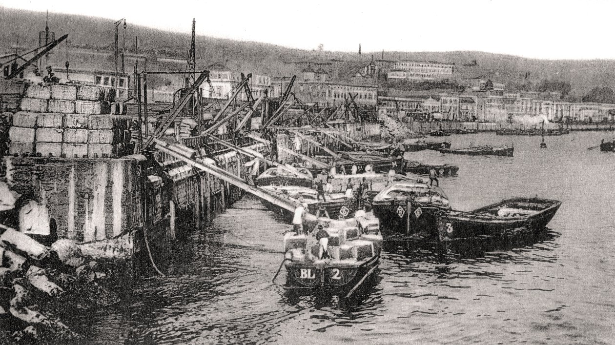 Både på floden Malecon, Valparaiso, Chile, omkring 1900-tallet af Unbekannt