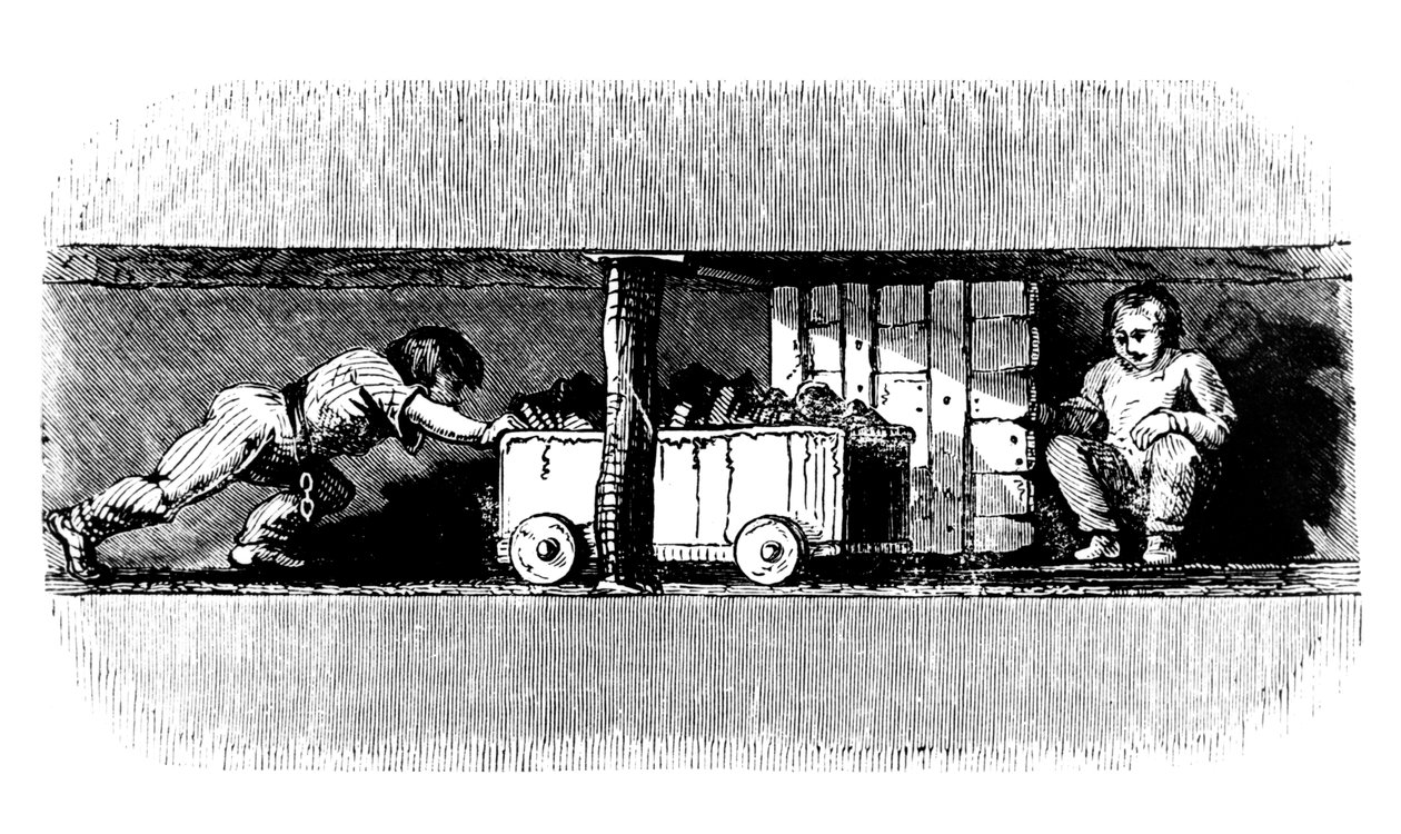Dreng skubber en lastbil fyldt med kul fra kulfladen til bunden af grubeskaftet, c1848 af Unbekannt