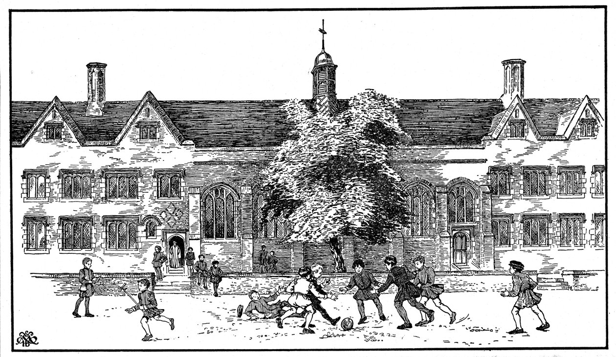 Drenge i Tudor-tiden spiller fodbold på Berkhamsted Grammar School, Hertfordshire af Unbekannt