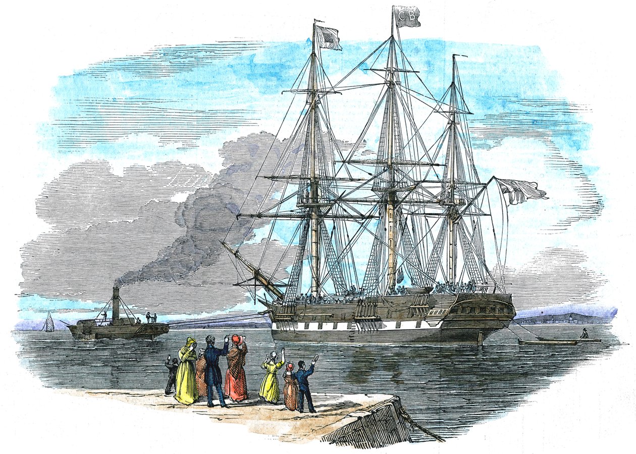 Britisk emigrantskib bliver bugseret ud af havnen, inden det sætter sejl mod Sydney, Australien af Unbekannt