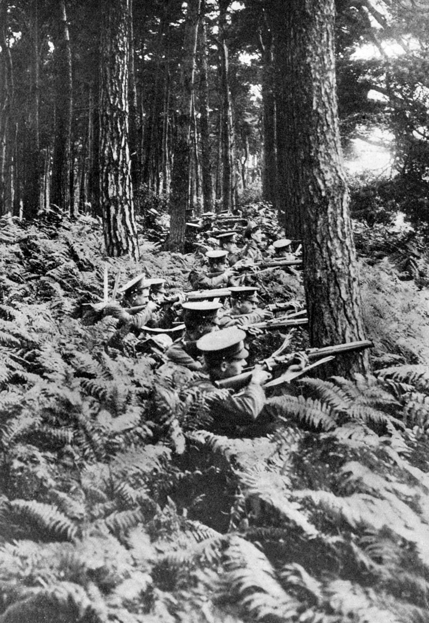Britisk infanteri i en skov, Første Verdenskrig, 1914-1918, c1920 af Unbekannt