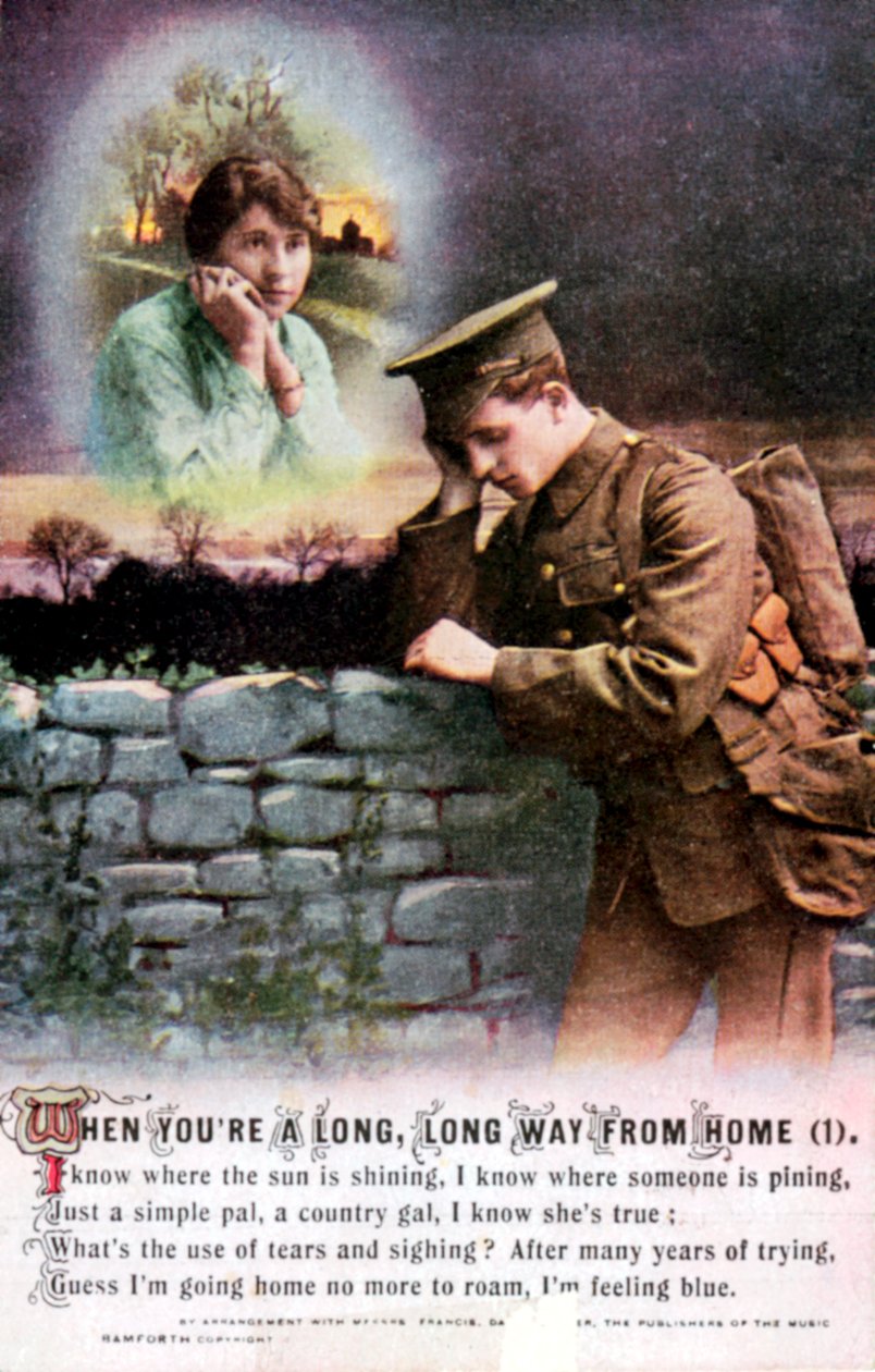 Britisk soldat drømmer om sin landskæreste derhjemme, Første Verdenskrig, 1914-1918 af Unbekannt