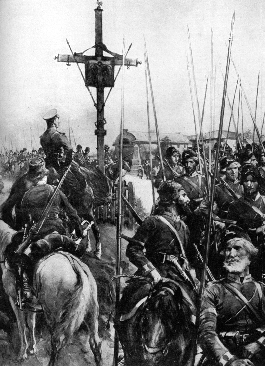 Britiske tropper passerer gennem en galicisk landsby, Spanien, Første Verdenskrig, 1914 af Unbekannt