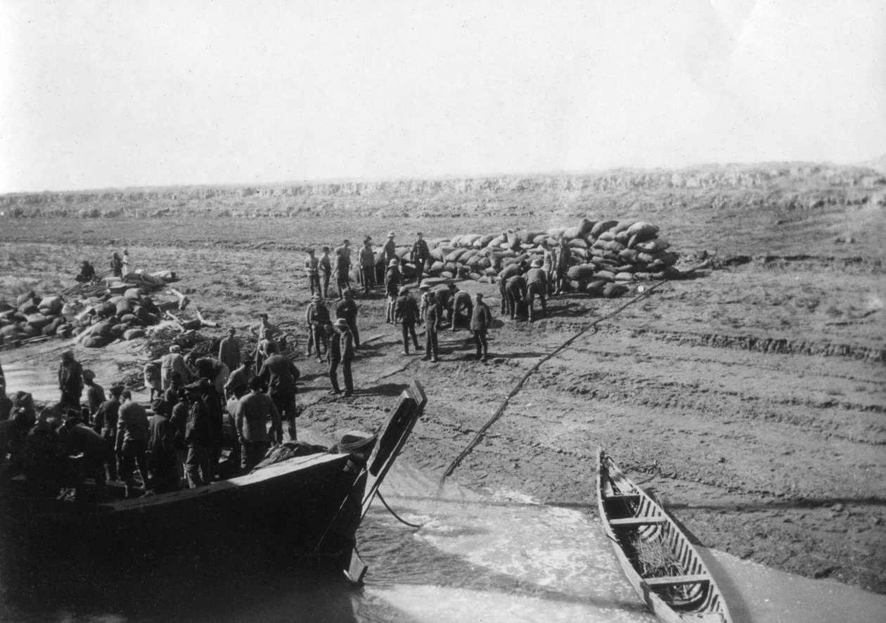Britiske tropper losser datoer på bredden af Tigris-floden, 1918 af Unbekannt