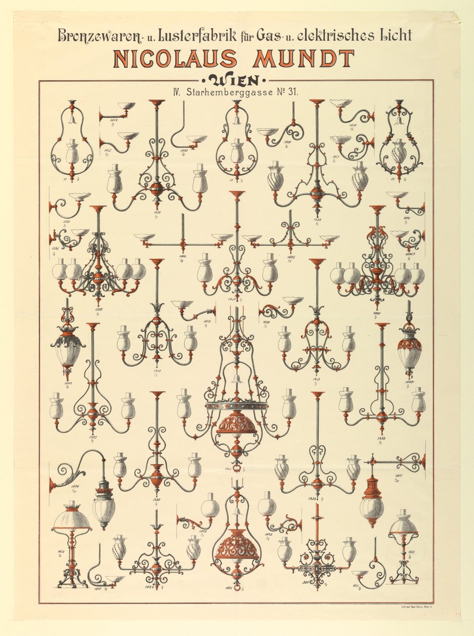Broadside, annonce til gasbelysningsarmaturer, ca. 1895 af Unbekannt