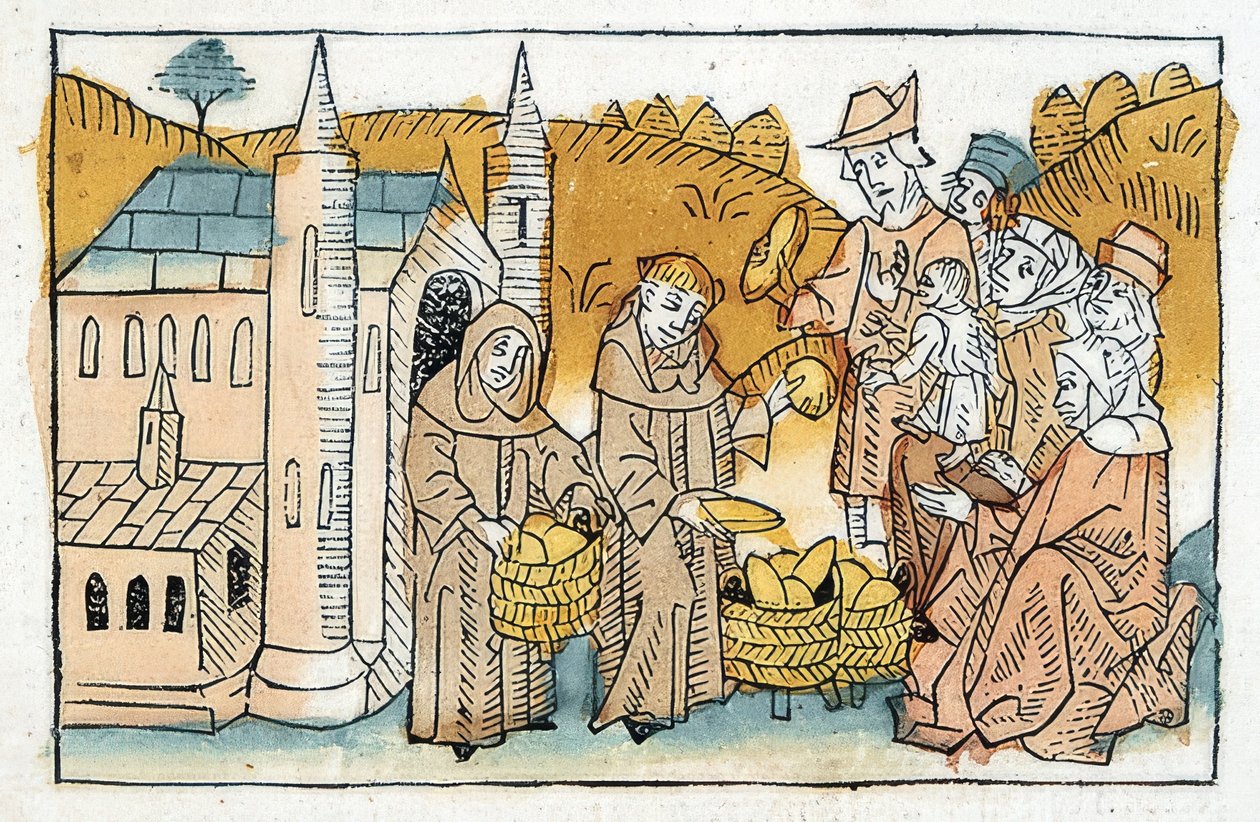 Brøduddeling til de fattige af brødre i klostret. Omkring 1477 af Unbekannt