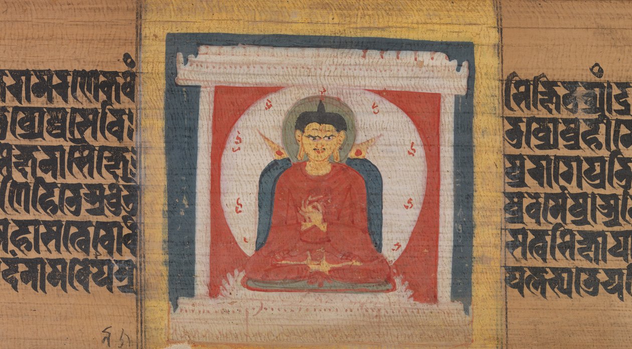 Buddha tronet i en helligdom, blad fra...Pancavimsatisahasrika Prajnaparamita..., ca. 1090. af Unbekannt