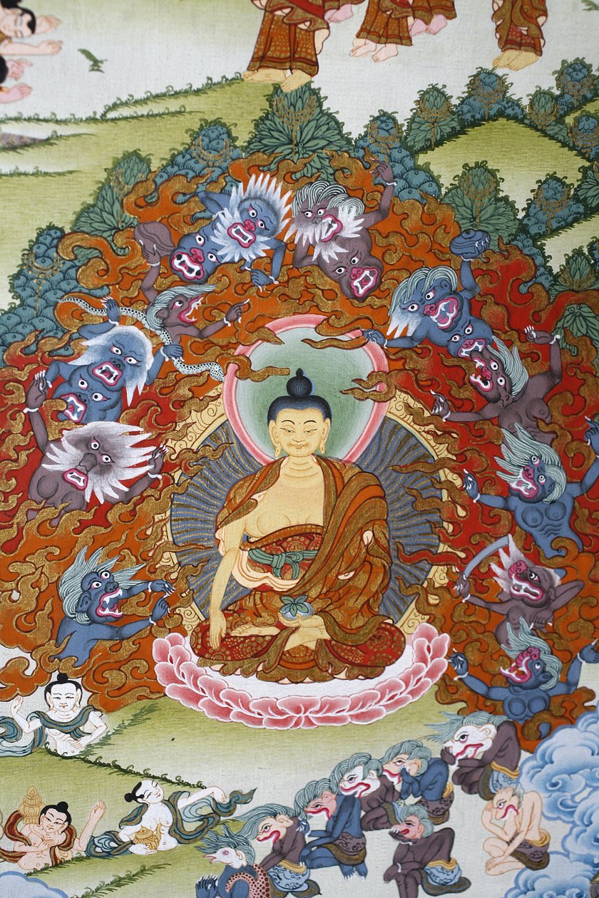Buddha Sakya Muni omgivet af fristelse. Thangka, Bhaktapur, Nepal af Unbekannt