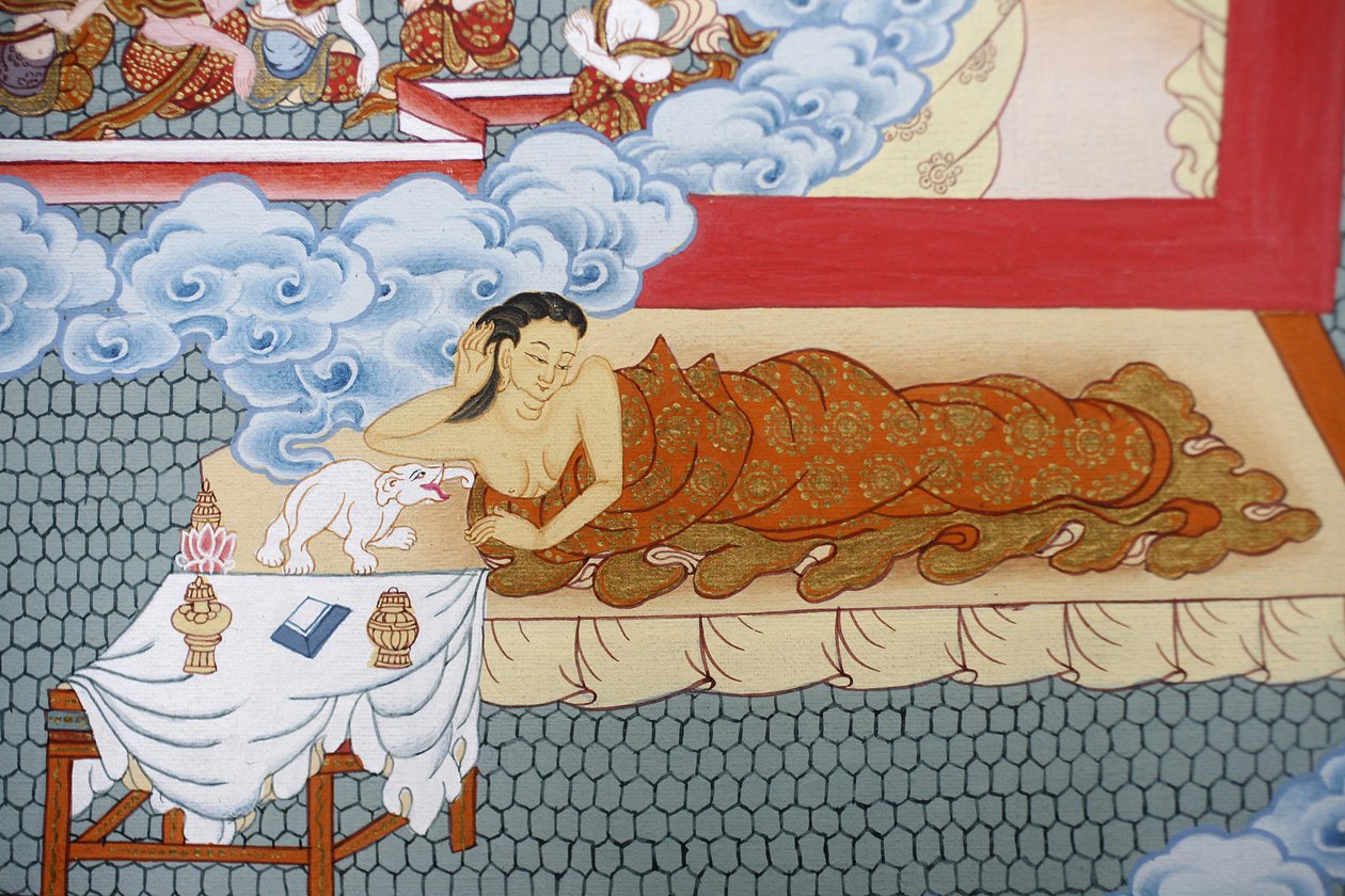 Buddhas mor drømmer om en hvid elefant. Thangka, Bhaktapur, Nepal af Unbekannt