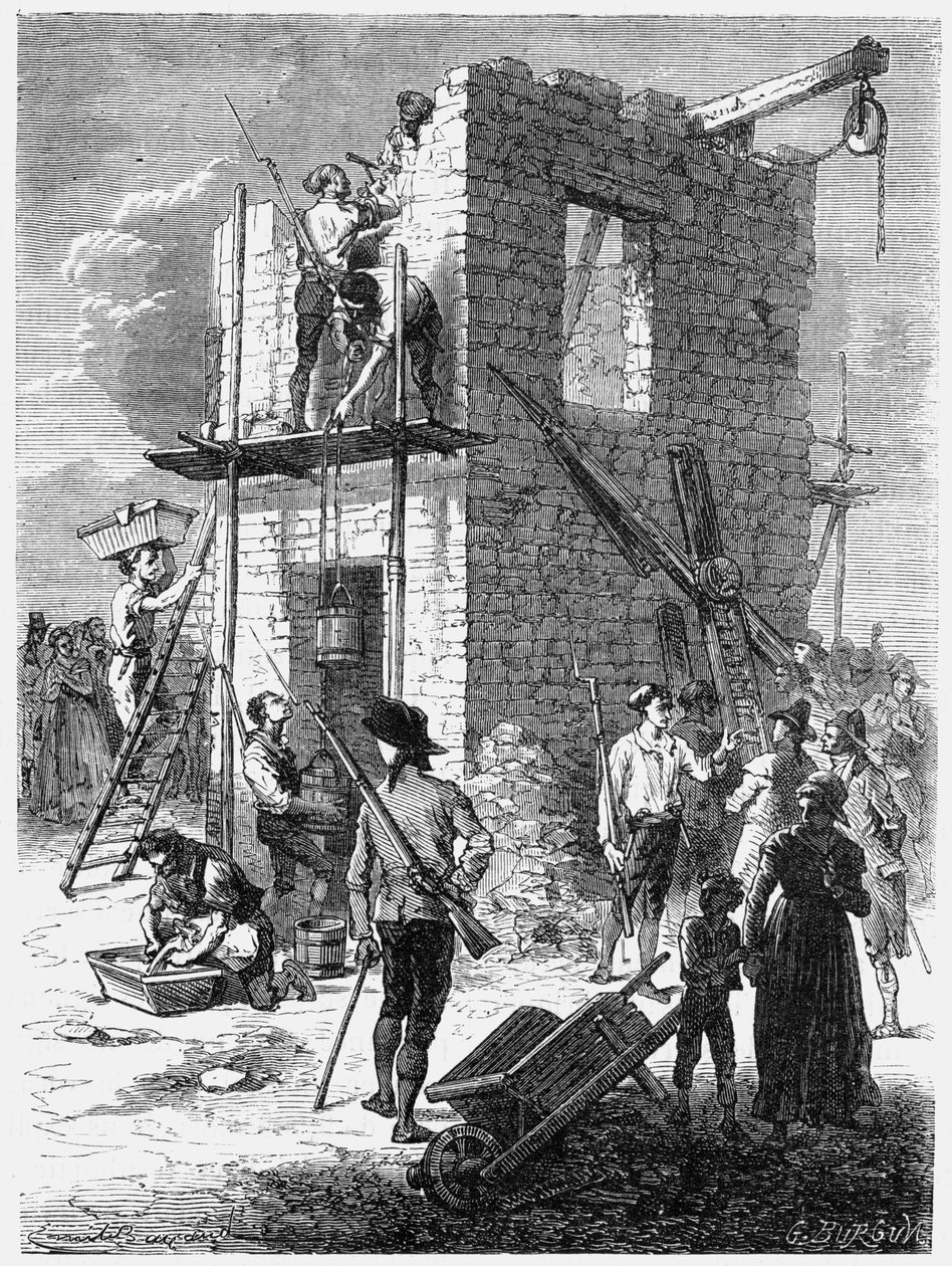 Bygning af en Chappe-telegrafstation, c1793, c1870 af Unbekannt
