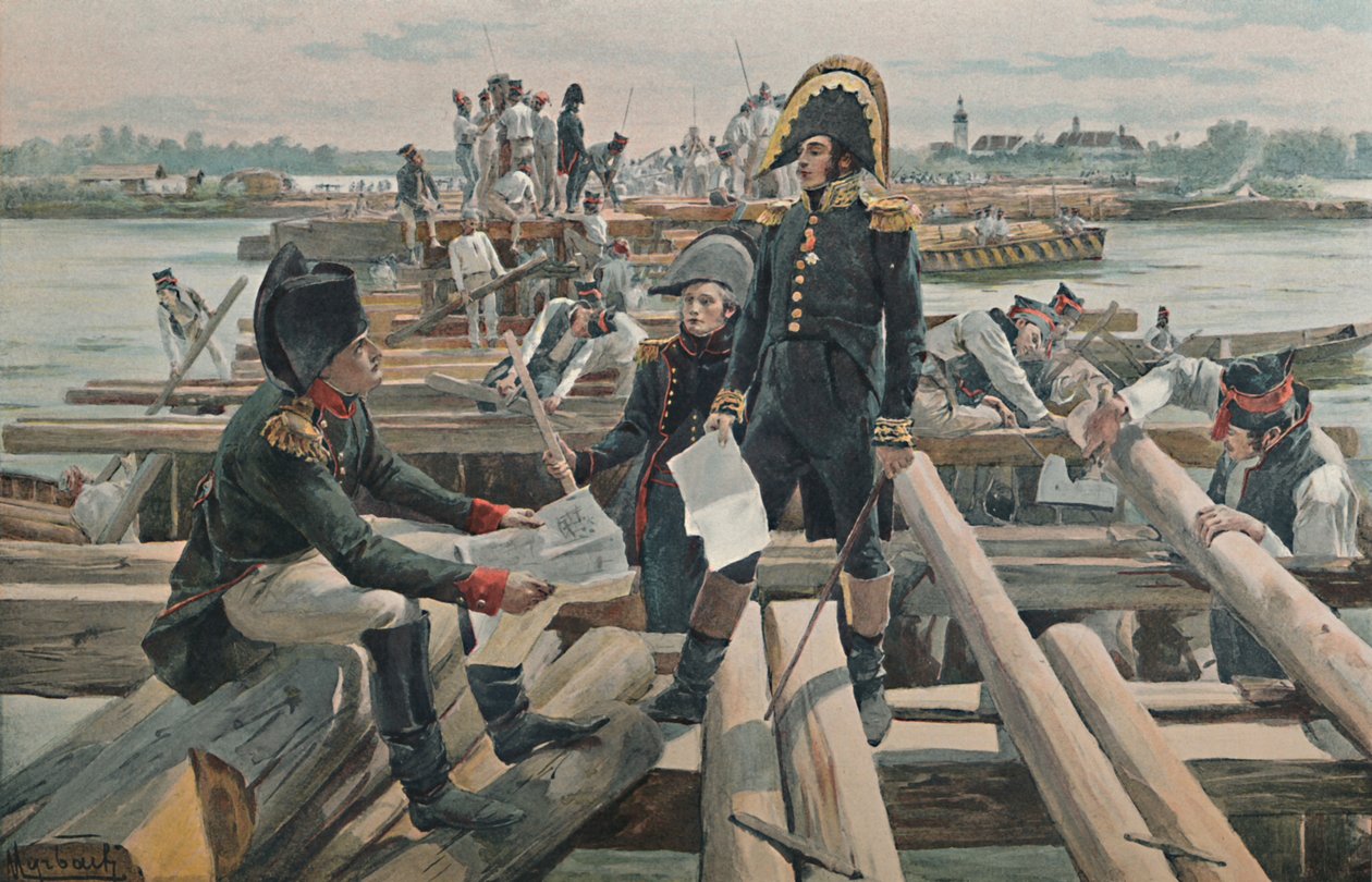 Bygning af broen på øen Lobau, 1809, 1896 af Unbekannt