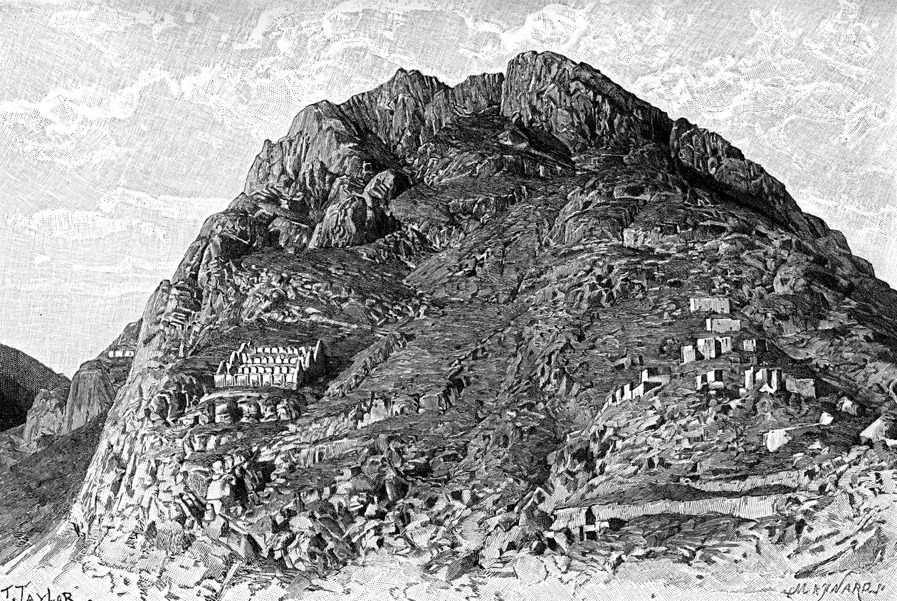 Inkaernes bygninger på Cerro De Las Carceles ved Ollantaytambo, Peru, 1895 af Unbekannt