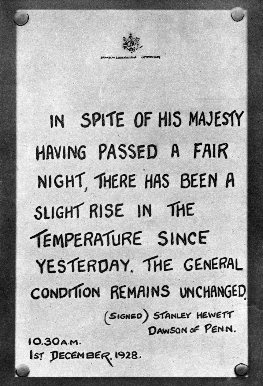 Bulletin of the Kings medicinske fremskridt fastgjort til slottets rækværk, 1928, 1935 af Unbekannt