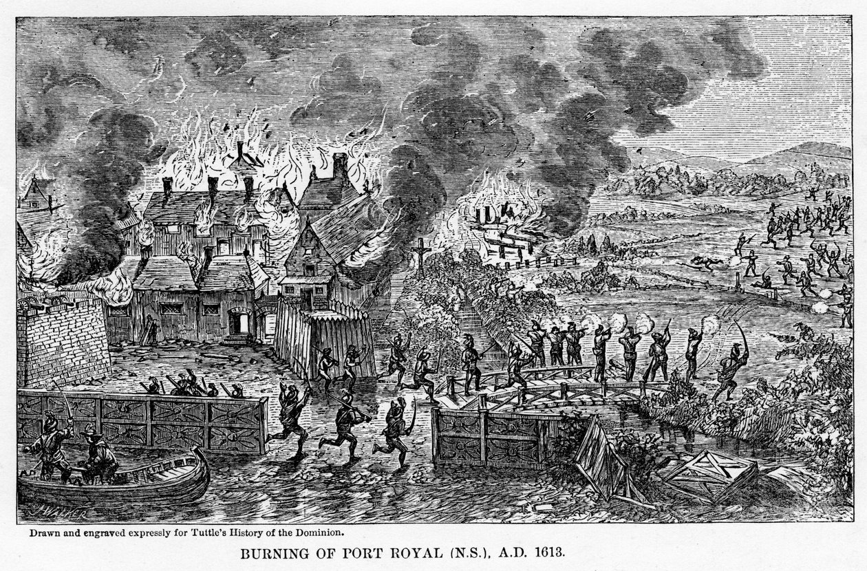 Afbrænding af Port Royal Nova Scotia, AD 1613, 1877 af Unbekannt