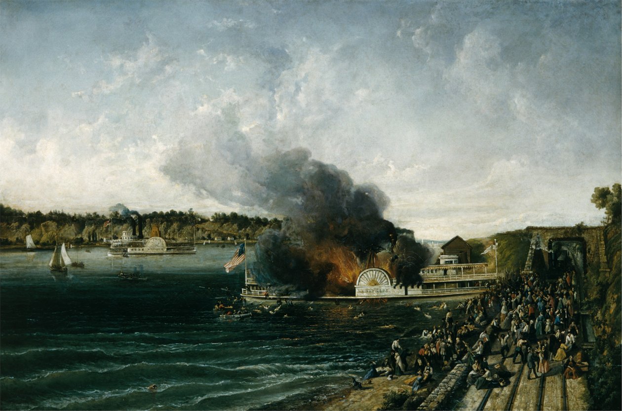Afbrænding af sidehjuleren Henry Clay, ca. 1854-60. af Unbekannt