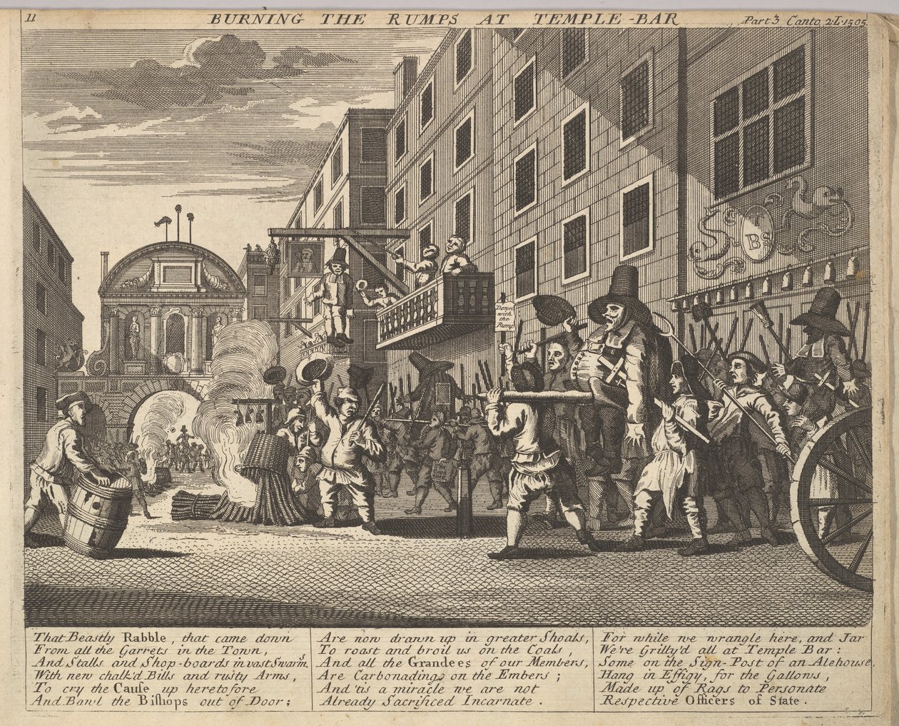 Burning the Rumps at Temple Bar Plate 11: Illustrationer til Samuel Butlers Hudibras, 1725-30. af Unbekannt