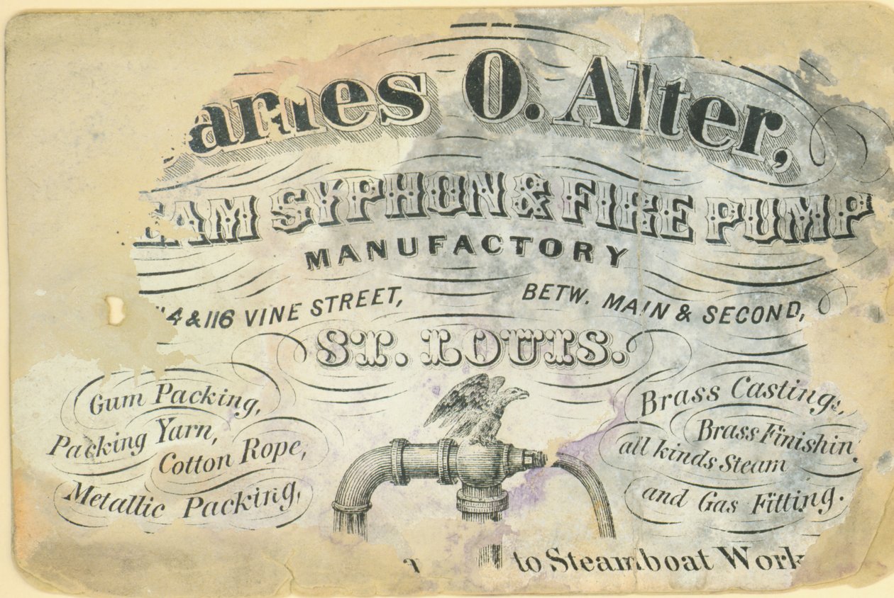 Visitkort til James O. Alter, dampsifon og brandpumpefabrik, St. Louis, ca. 1870 af Unbekannt