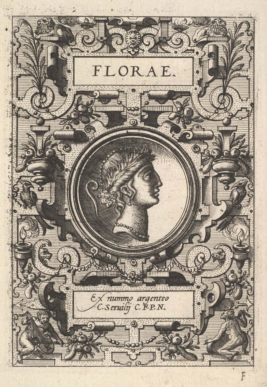 Buste af Florae omgivet af stropper, fra serien Deorum dearumque, et sæt billeder..., 1573. af Unbekannt