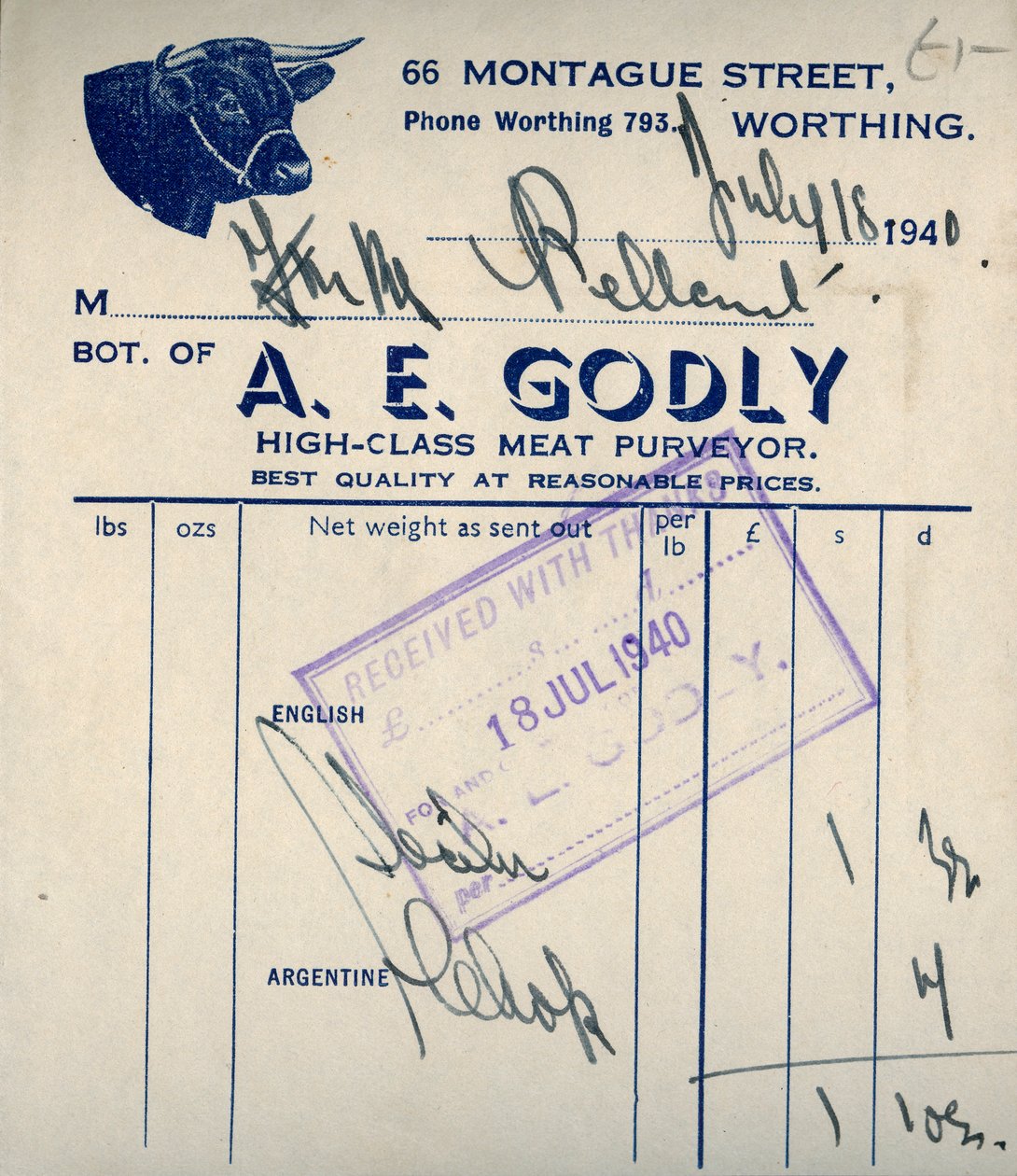 Slagterkvittering, 1940. af Unbekannt