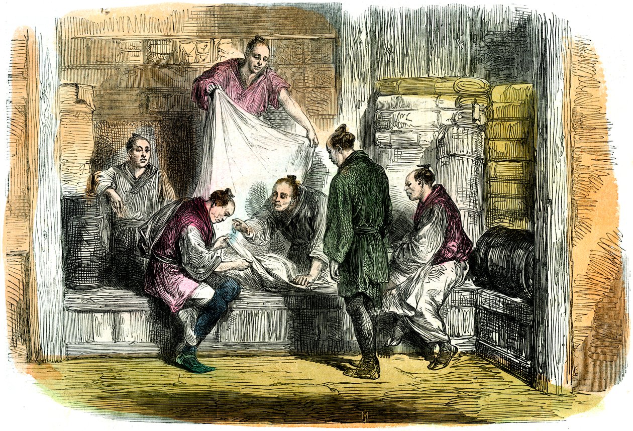Køb af kamletter i en butik, Yokohama, Japan, 1865 af Unbekannt
