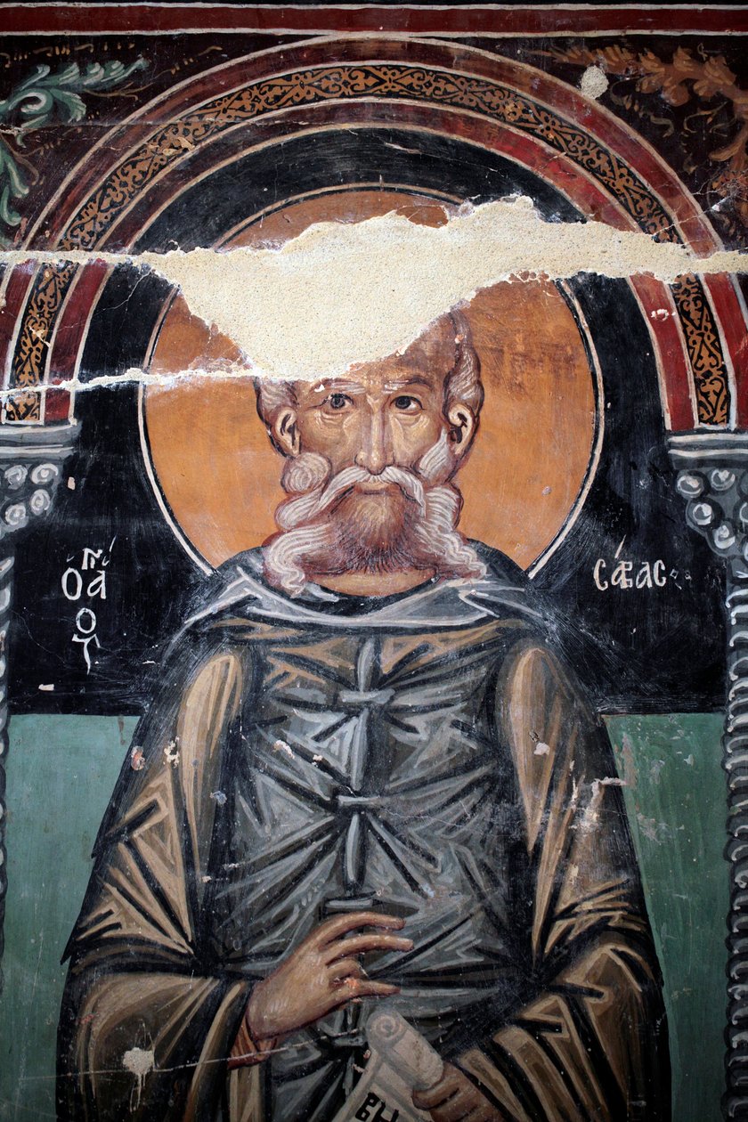 Byzantinsk fresco fra det 15. århundrede (detalje) Saint Sabas Vægmaleri Michael Archangel Chapel, Galata landsby Cypern Malede kirker UNESCO-sted Troodos, Cypern af Unbekannt