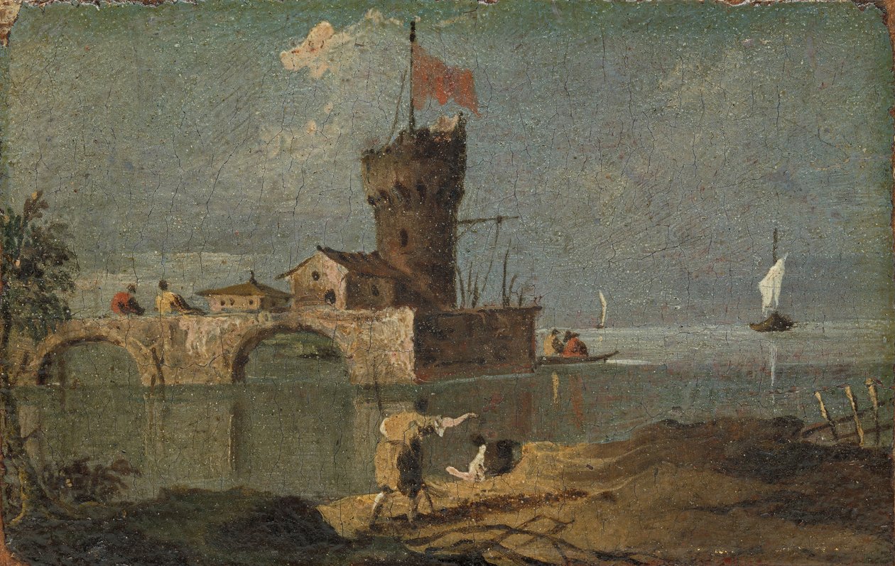 Capriccio med et cirkulært tårn, to huse og en bro, 1700-tallet. af Unbekannt