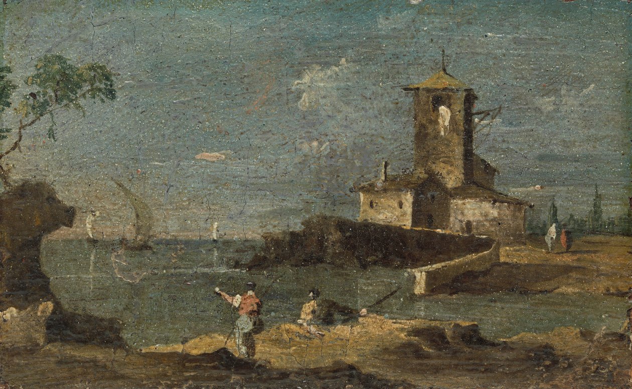 Capriccio med et firkantet tårn og to huse, 1700-tallet. af Unbekannt