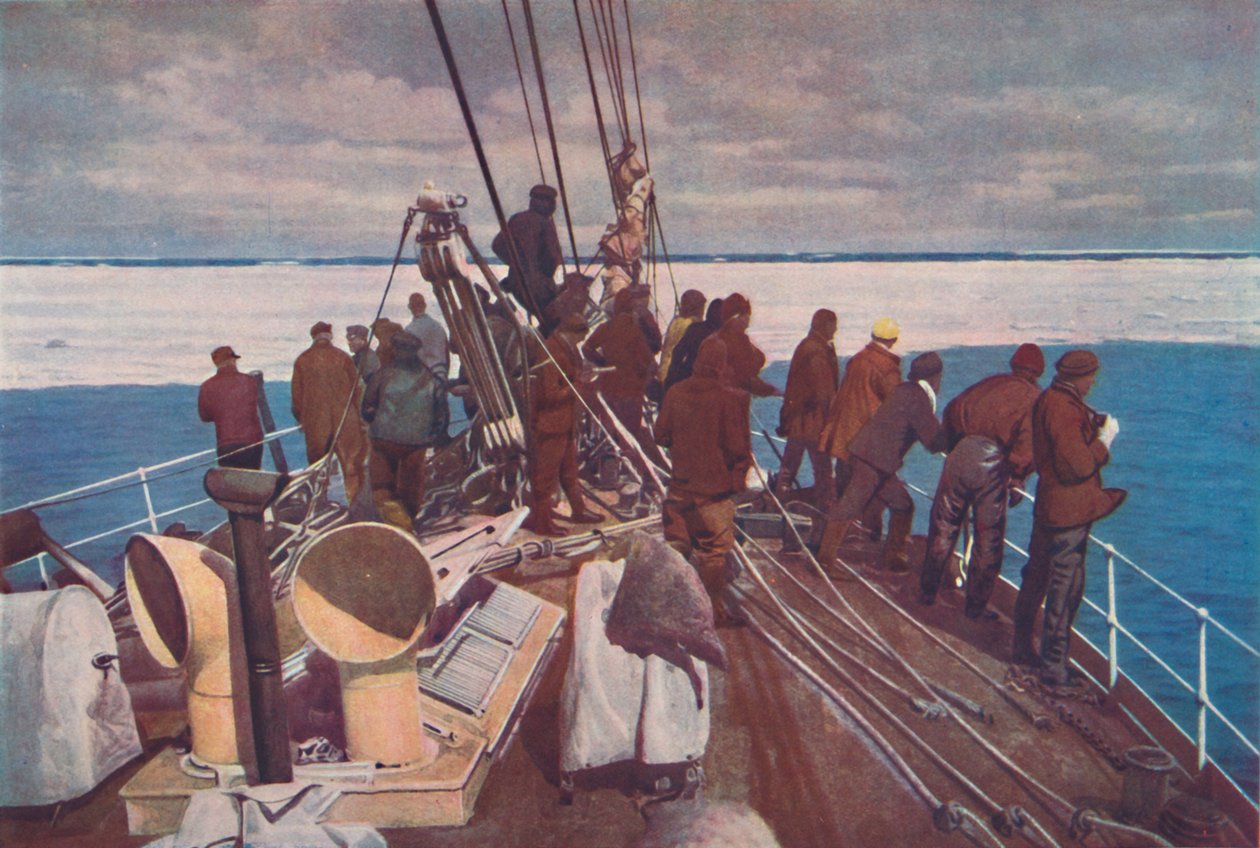 Kaptajn Scotts skib, Terra Nova, på vej ind i pakis i sydpolarområderne, c1910-192, 1936 af Unbekannt
