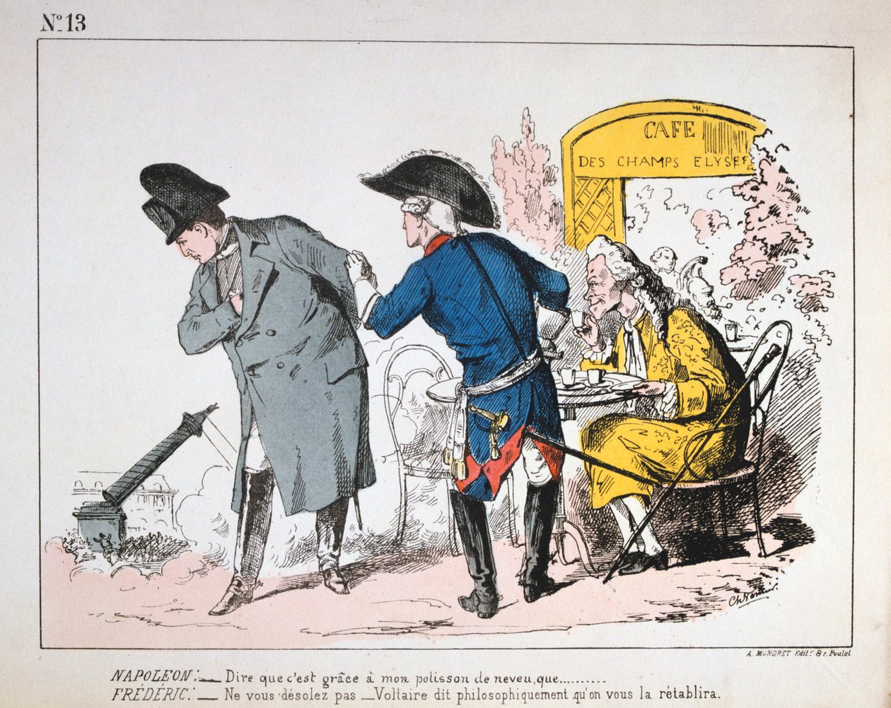 Karikatur af Napoleon I, der ser Colonne de Vendomes fald, Pariserkommunen, 1871. af Unbekannt