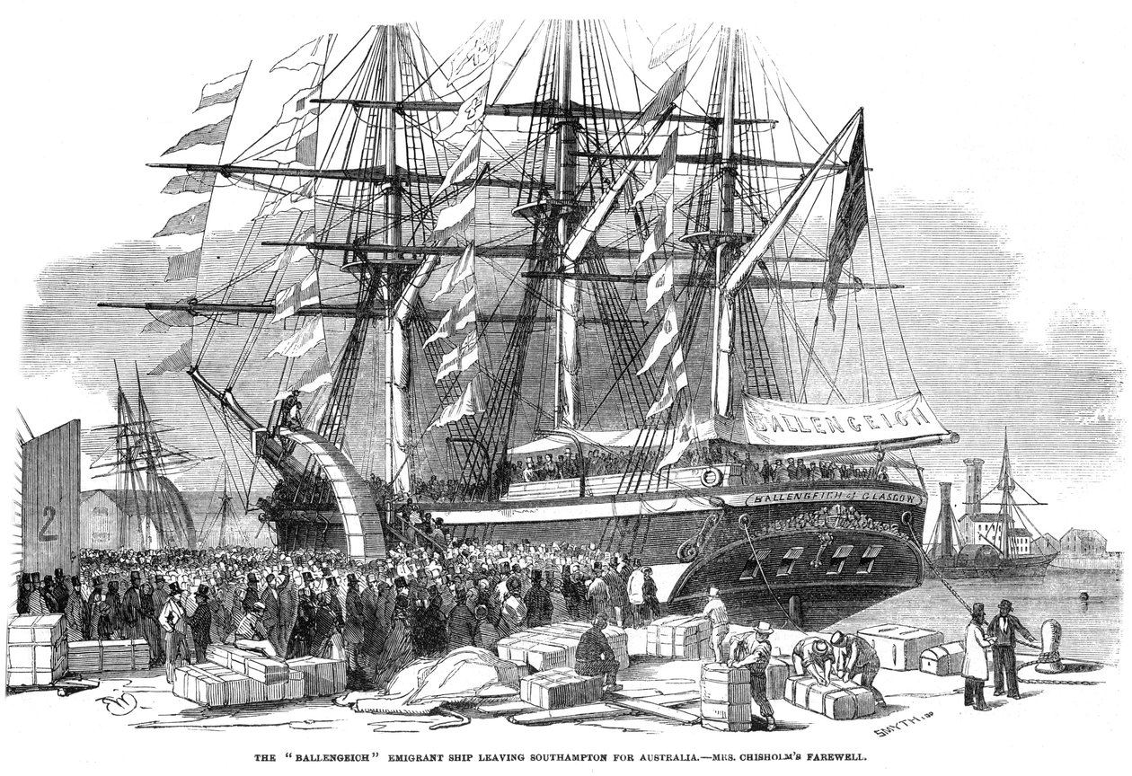 Caroline Chisholm taler til en folkemængde fra emigrantskibet Ballengeich, 1852 af Unbekannt