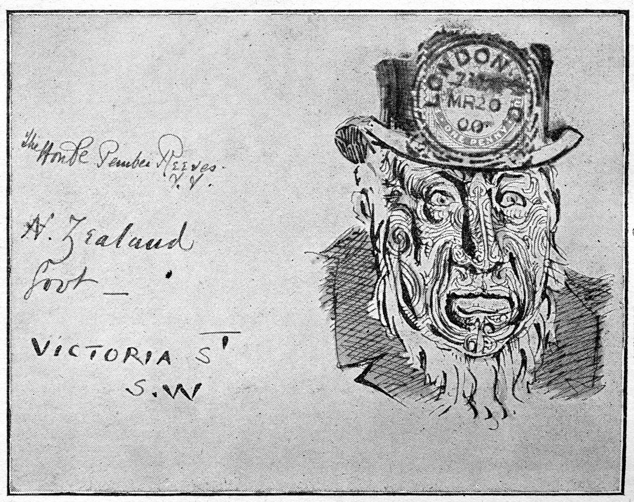 Tegneserie, der skildrer boerlederen Paul Kruger som en maori, 1900 af Unbekannt