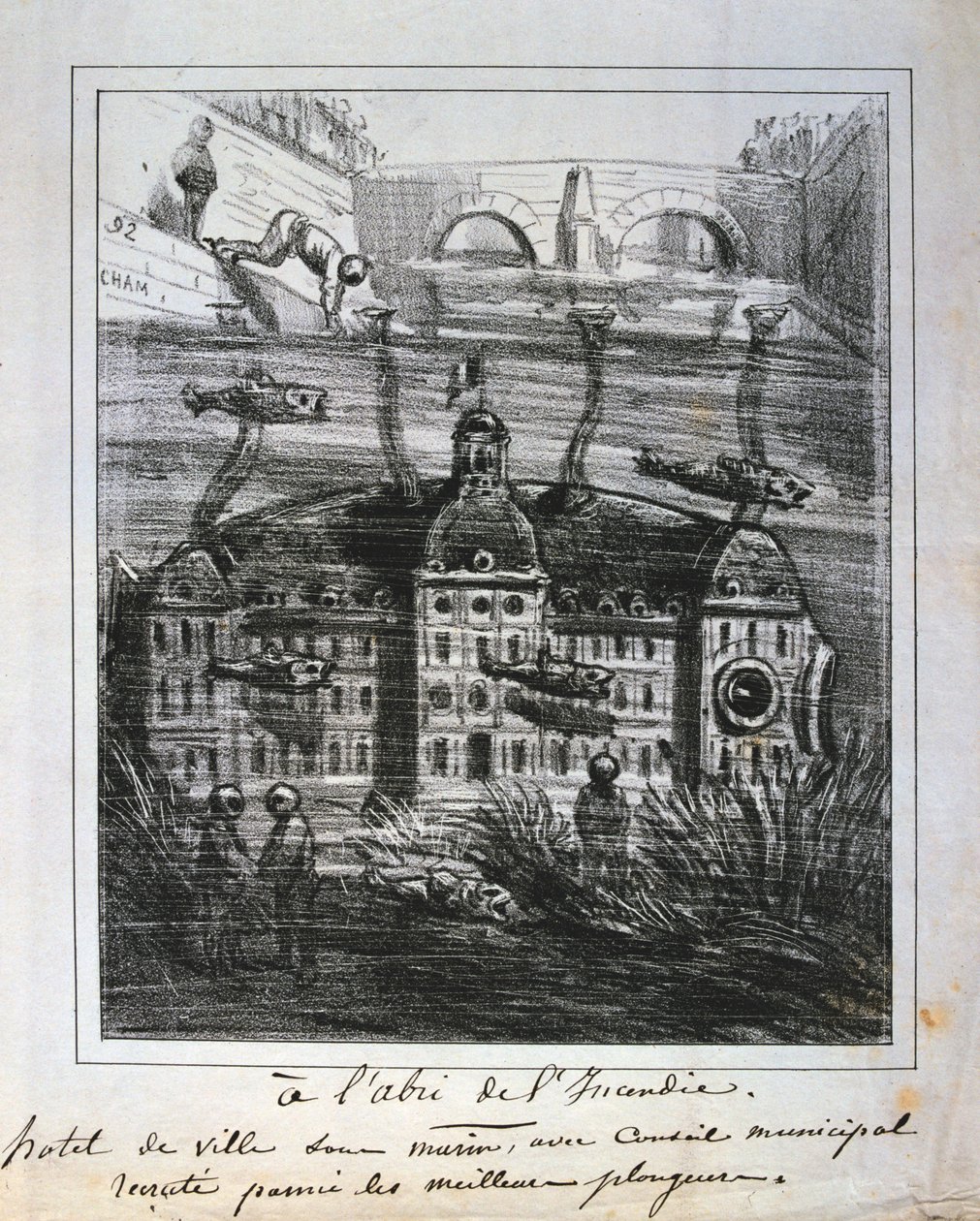 Tegneserieforslag om at genopbygge Hotel de Ville under vand for at forhindre brand, Paris Commune, 1871. af Unbekannt