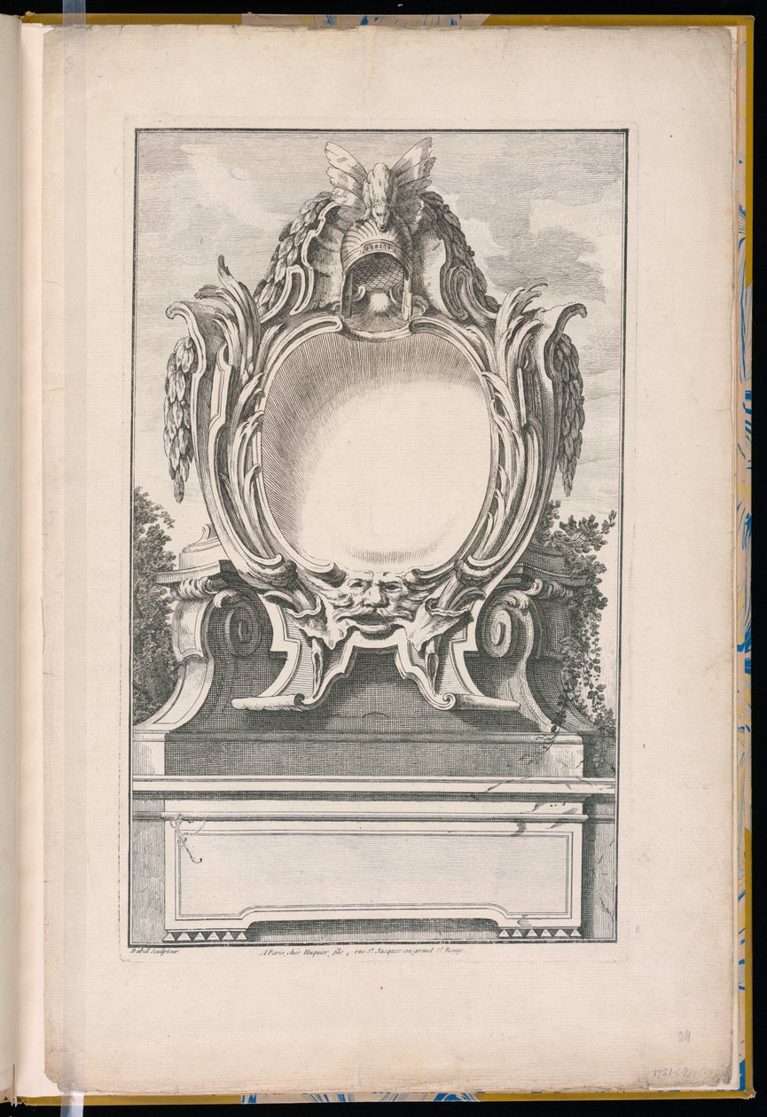 Cartouche dekoreret med hjelm og maske af Unbekannt