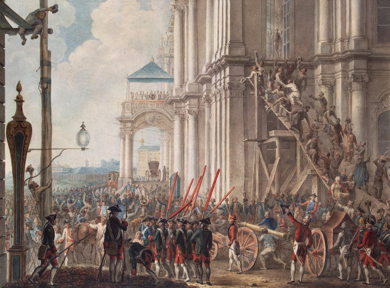 Katarina II på vinterpaladsets balkon, mødt af vagterne på paladsrevolutionens dag den 28. juni 1762, slutningen af det 18. århundrede. af Unbekannt