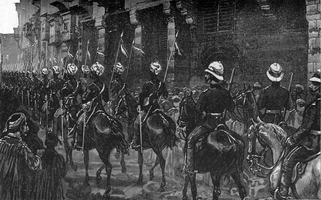 Kavaleridemonstration i det arabiske kvarter, Cairo, c1882-85 af Unbekannt