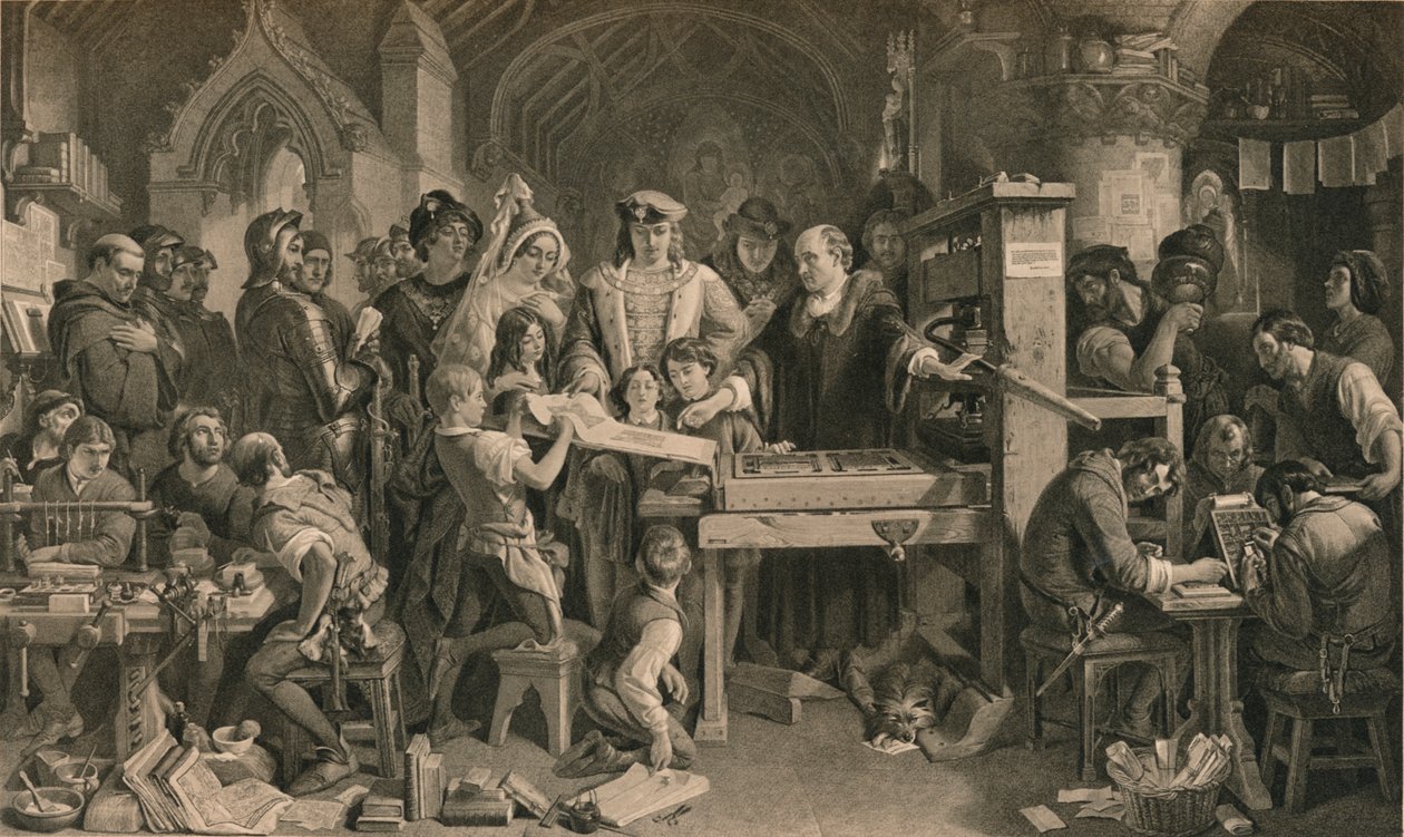 Caxton viser det første eksemplar af sit tryk til kong Edward IV i Westminster, c1477 1905 af Unbekannt