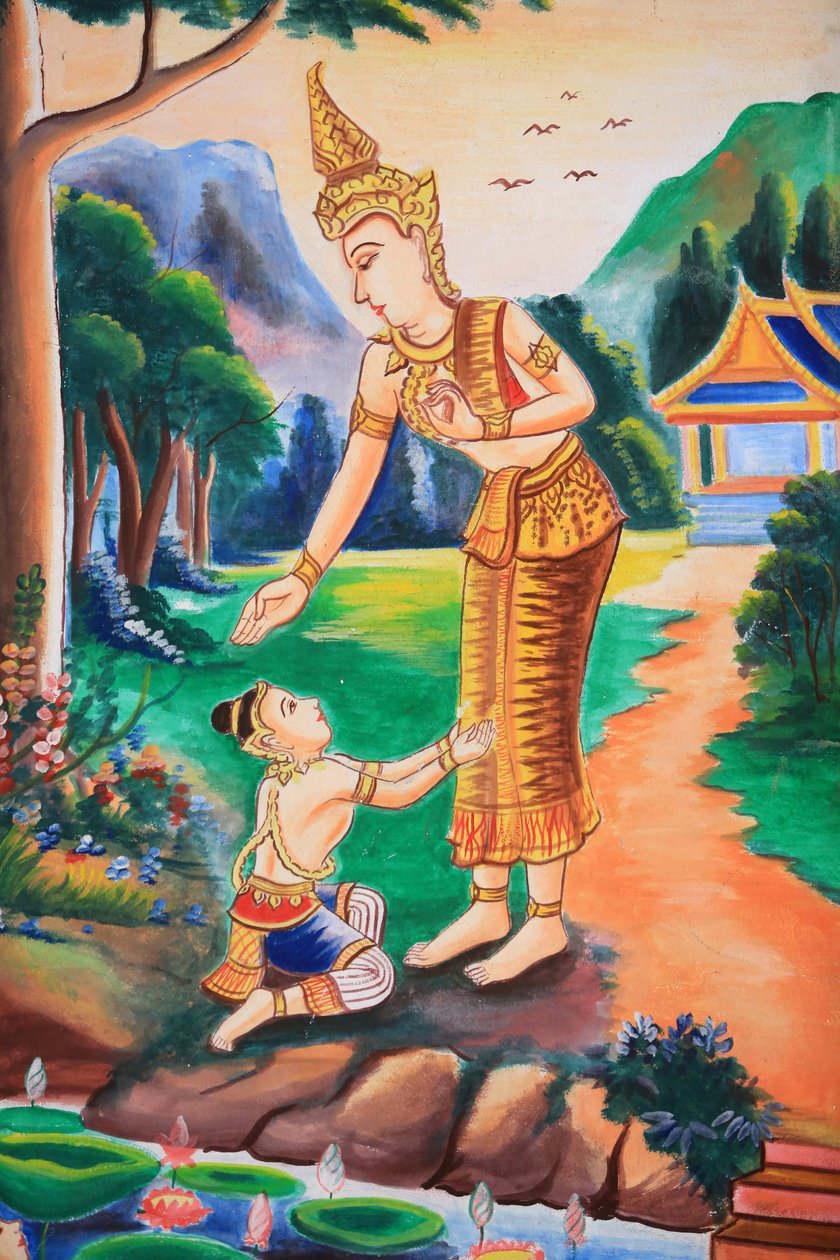 Loftskunst, der skildrer Buddhas liv. Wat Si Sou Mang Karam-templet. Vieng Vang. Laos, 20151102, Vieng Vang, Laos af Unbekannt