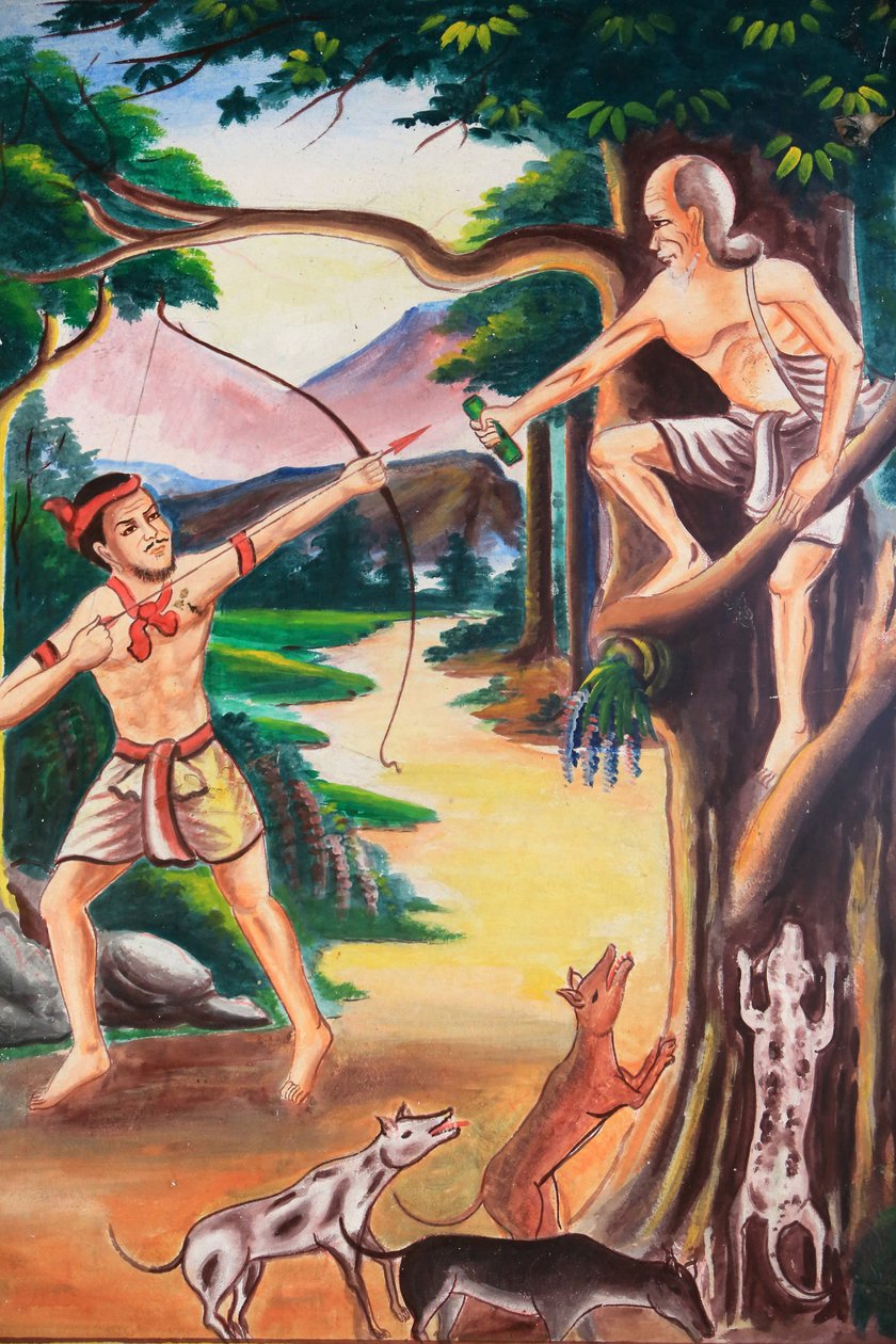 Loftskunst, der skildrer Buddhas liv. Wat Si Sou Mang Karam-templet. Vieng Vang. Laos, 20151102, Vieng Vang, Laos af Unbekannt