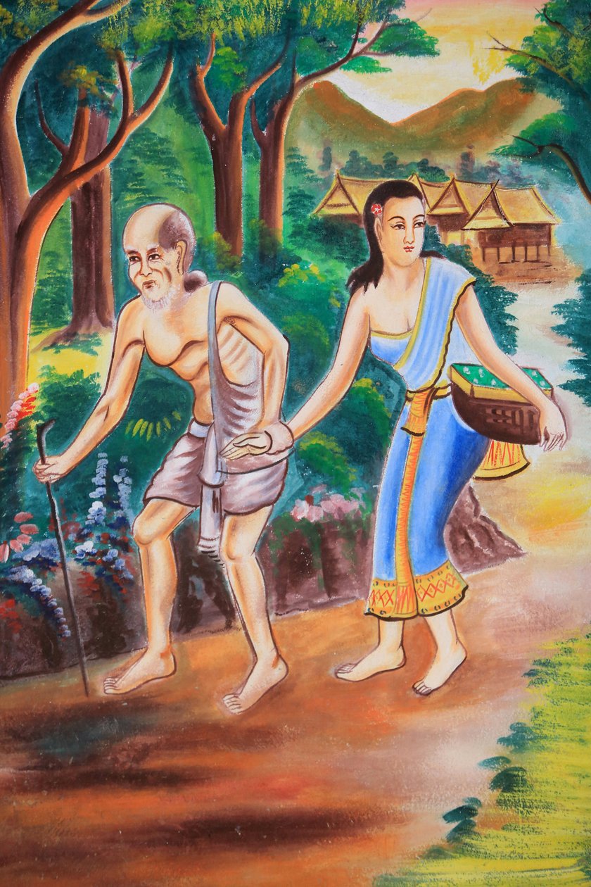 Loftskunst, der skildrer Buddhas liv. Wat Si Sou Mang Karam-templet. Vieng Vang. Laos, 20151102, Vieng Vang, Laos af Unbekannt