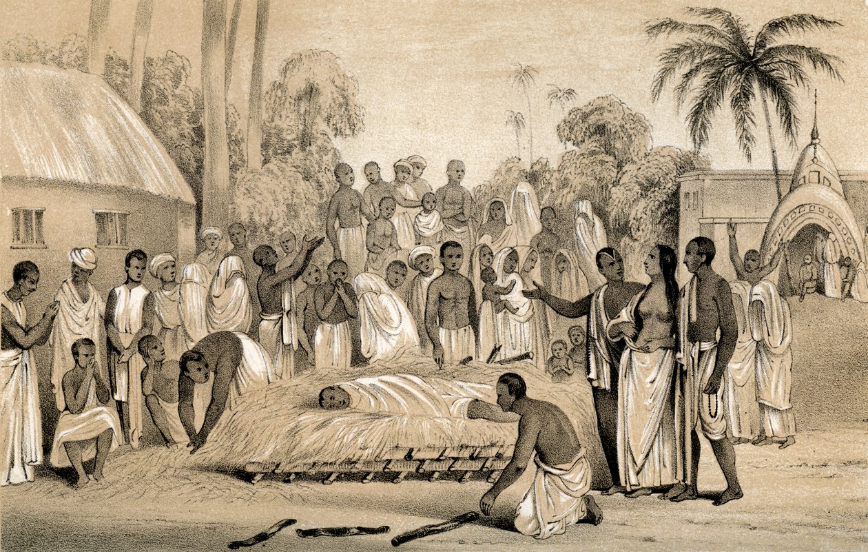 Ceremoni med afbrænding af en hinduistisk enke med liget af sin afdøde mand, 1847 af Unbekannt