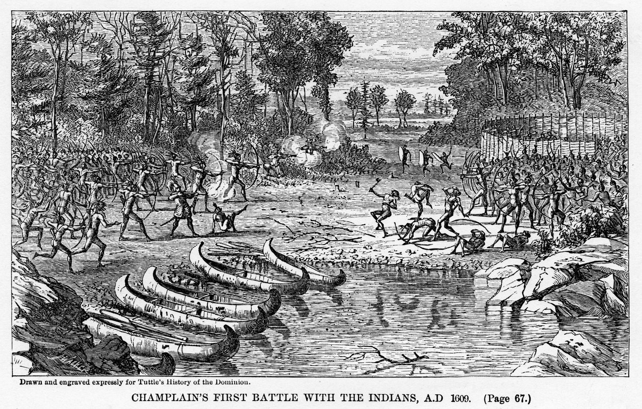 Champlains første slag med indianerne, AD 1609, 1877 af Unbekannt