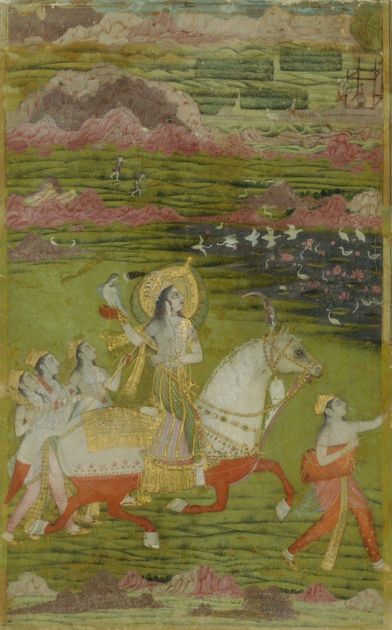 Chand Bibi Hawking med ledsagere i et landskab, ca. 1700. af Unbekannt
